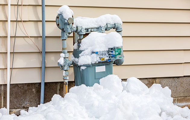 snow piled on a natural gas meter. An example of what your meter shouldn't look like.